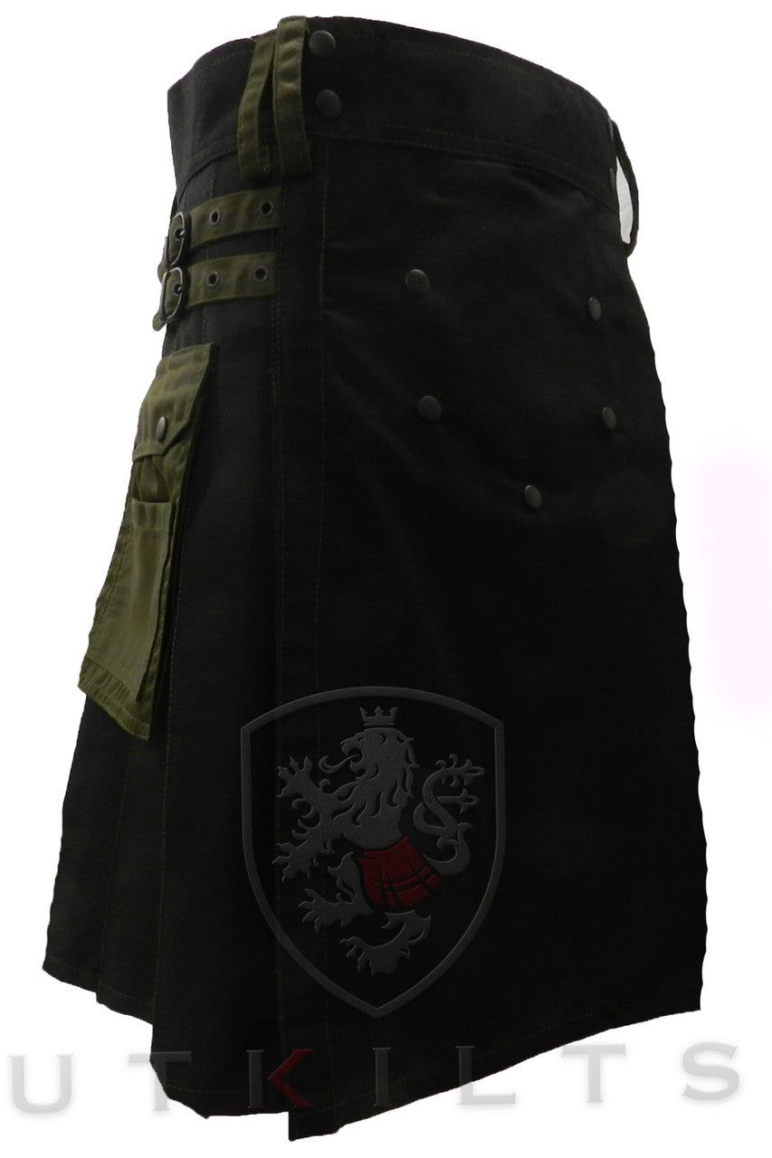 Elegant black kilt adorned with green buttons, exemplifying the Dark Forest Edition's unique style.
