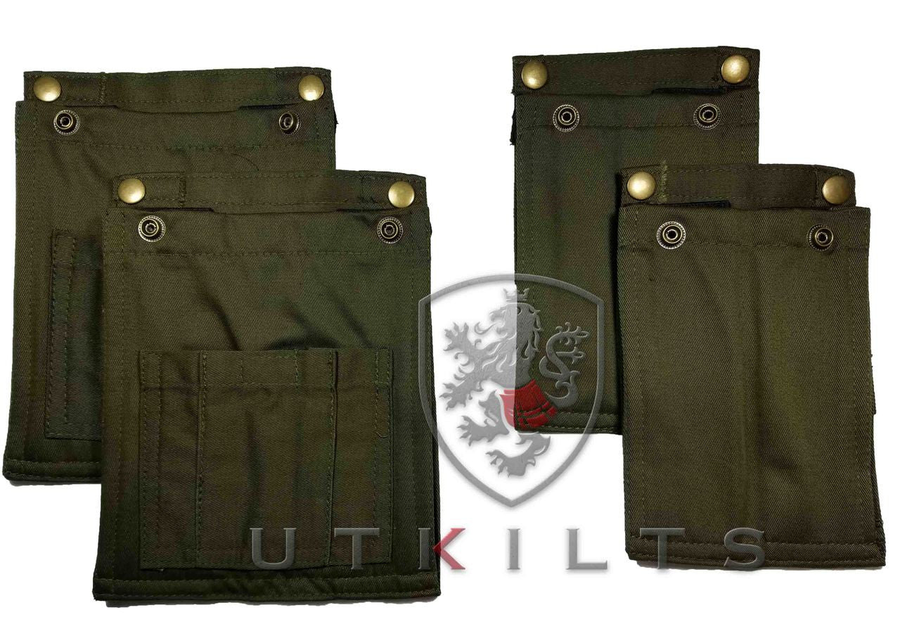 Display of army green pants, designed with replaceable pockets for outdoor and wilderness use.