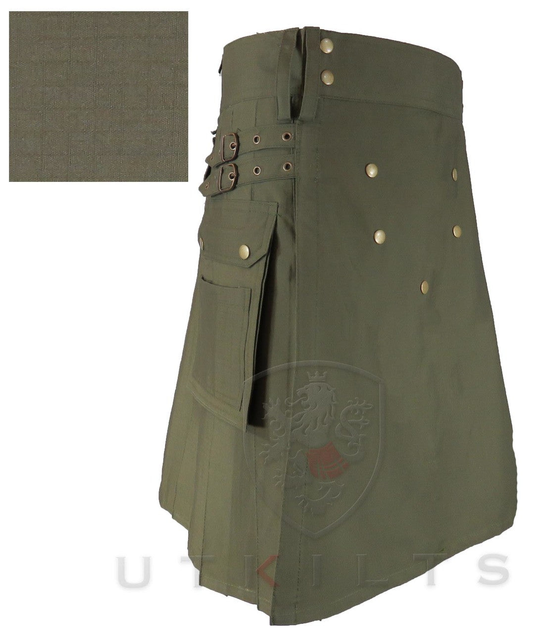 An olive green utility kilt made from ripstop fabric, adorned with gold buttons and a prominent gold buckle for added elegance.