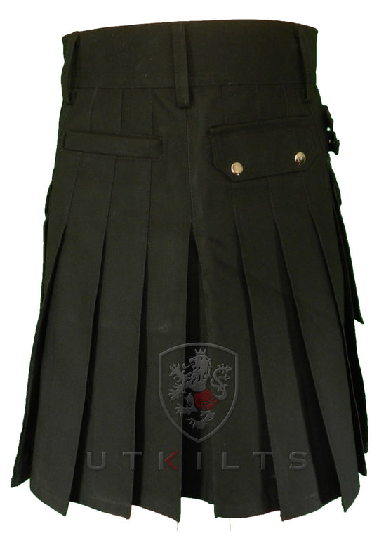 Utility Kilt - Deluxe Black Back view of the utility kilt with the two back pockets.  One pocket has a snap closure on it as well.