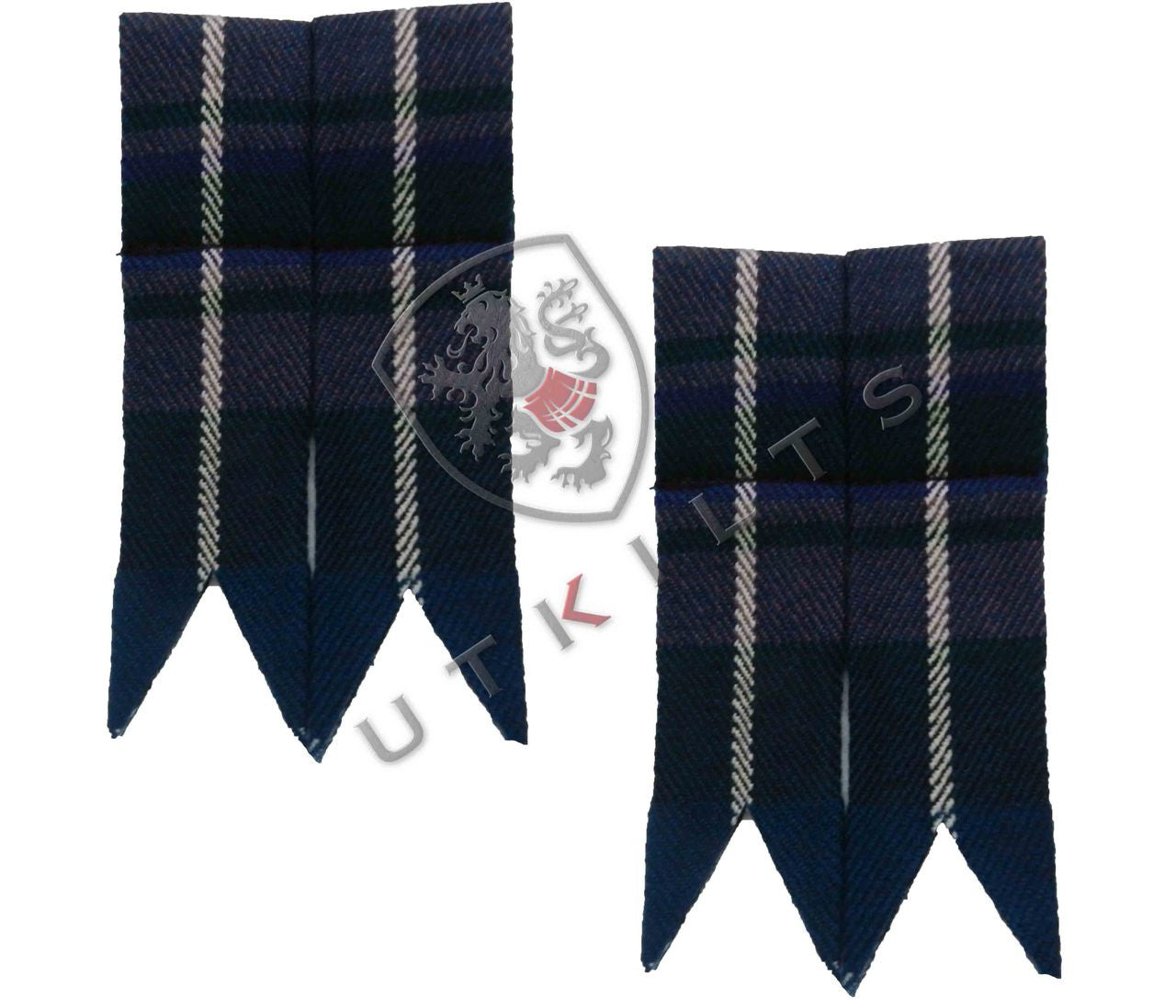 A pair of blue and white plaid ties with black trim, featuring the Pride of Scotland Acrylic Tartan Kilt Hose Flashes motif.