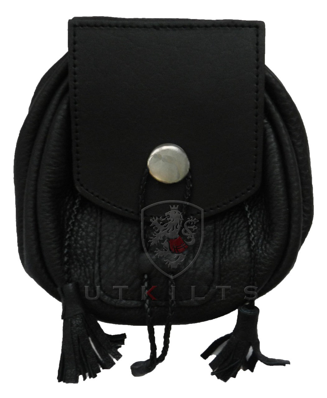 A black leather pouch adorned with tassels, showcasing a sleek and stylish design.