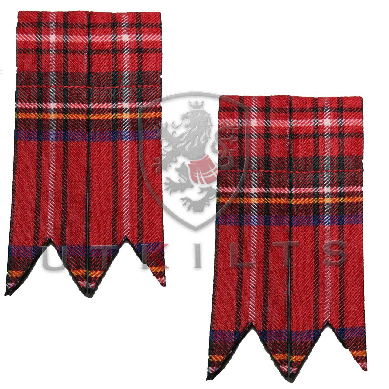 A pair of red tartan plaid ties with black and white stripes, designed as Royal Stewart Tartan Kilt Hose Flashes.