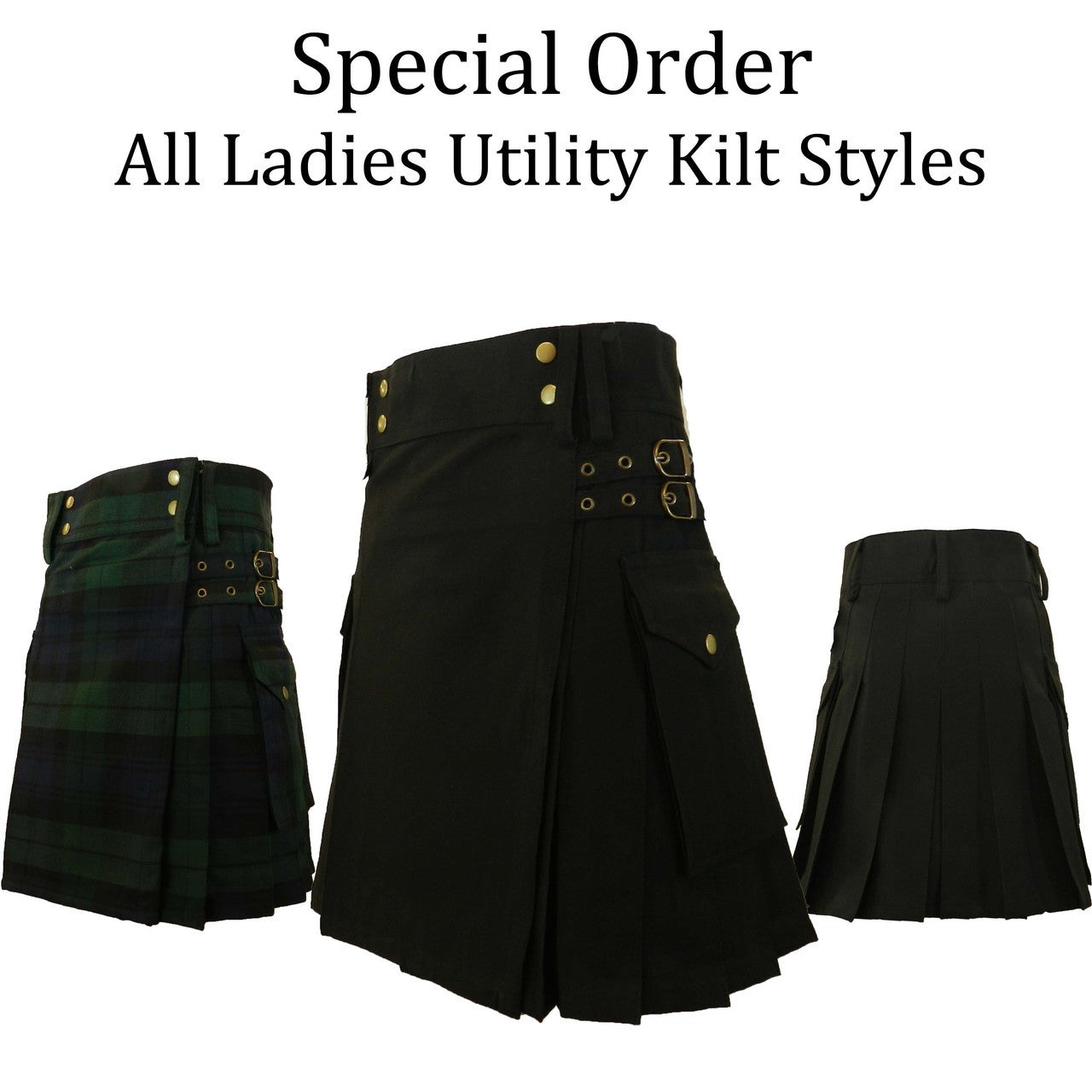 Special order ladies utility kilts displayed in various styles, showcasing the front side design and unique features.