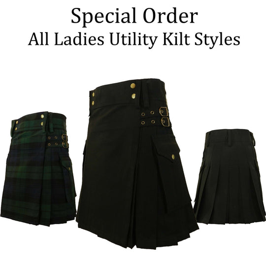 Special order ladies utility kilts displayed in various styles, showcasing the front side design and unique features.
