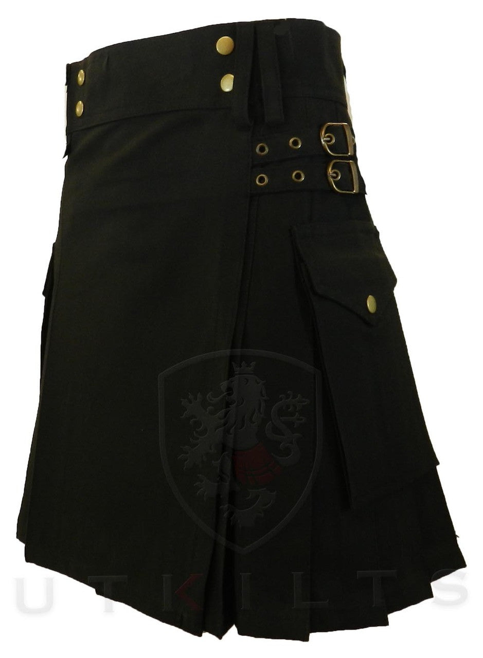 Front view of a ladies' standard black utility kilt adorned with gold buttons and buckles for a stylish appearance.