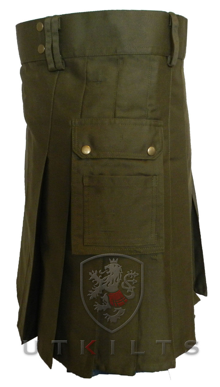 CLEARANCE! Utility Kilt – GlenLoch, Olive Green Stretch Cotton - 35x23
