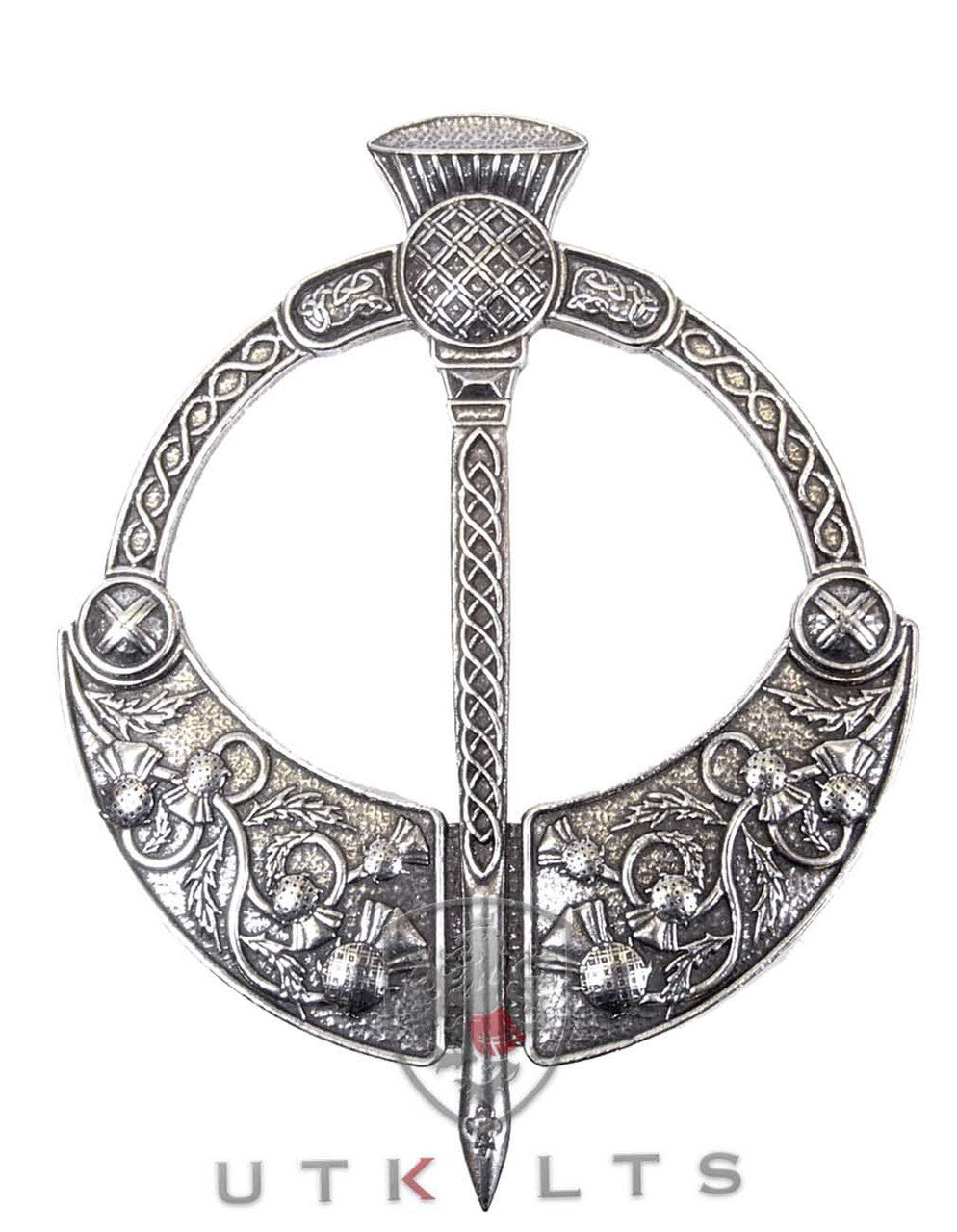 A silver penannular brooch featuring a traditional Scottish thistle design, crafted from pewter for elegance and authenticity.