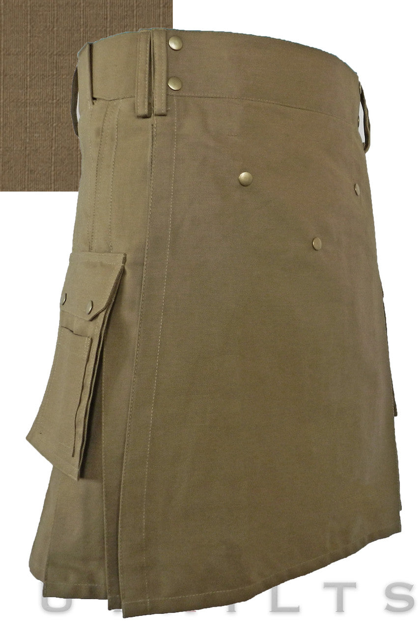A brown kilt featuring two pockets, crafted from durable Ultimate Dark Khaki ripstop fabric.