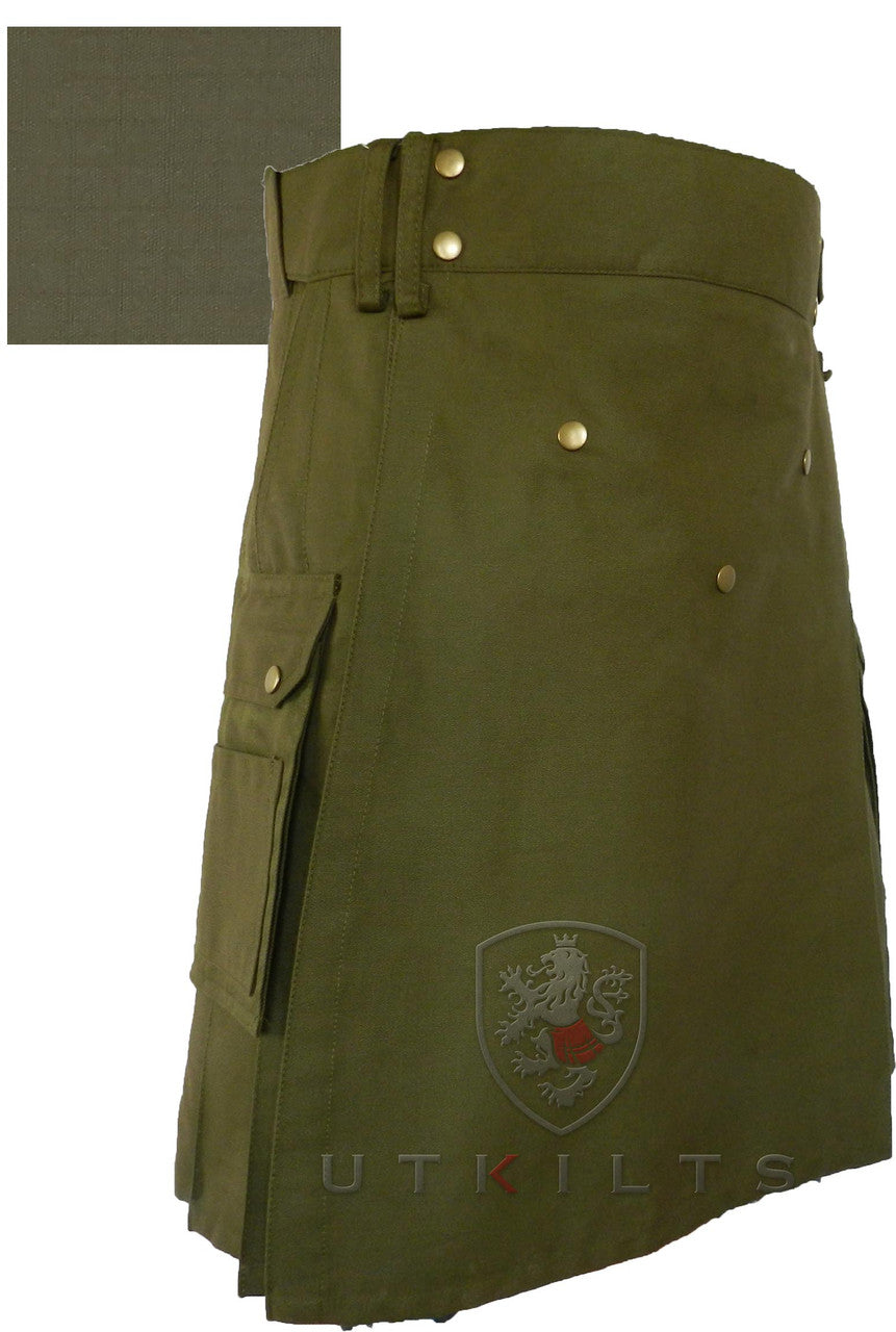 A green kilt adorned with gold buttons and pockets, highlighting a fashionable look from the Ultimate Olive line.