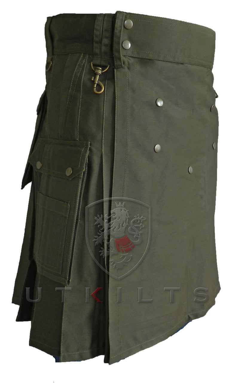 Front side of a WILD Outdoor olive green utility kilt, highlighting its durable fabric ideal for wilderness adventures.