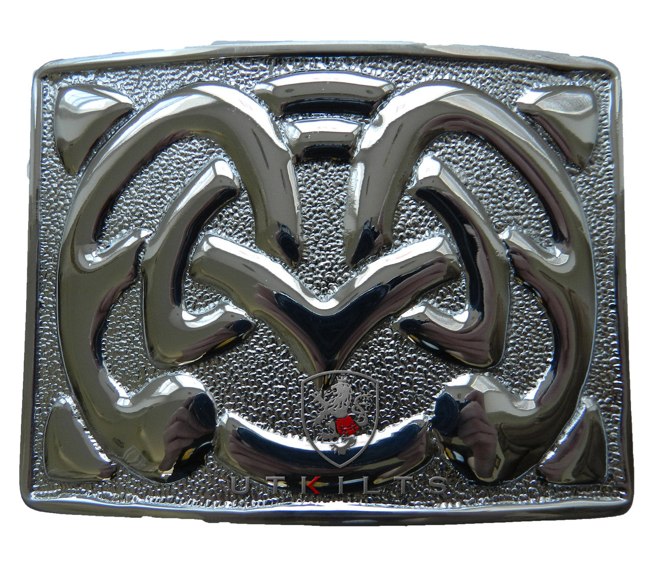 A stylish silver metal buckle with a decorative design, identified as a 30 Chrome Belt Buckle.