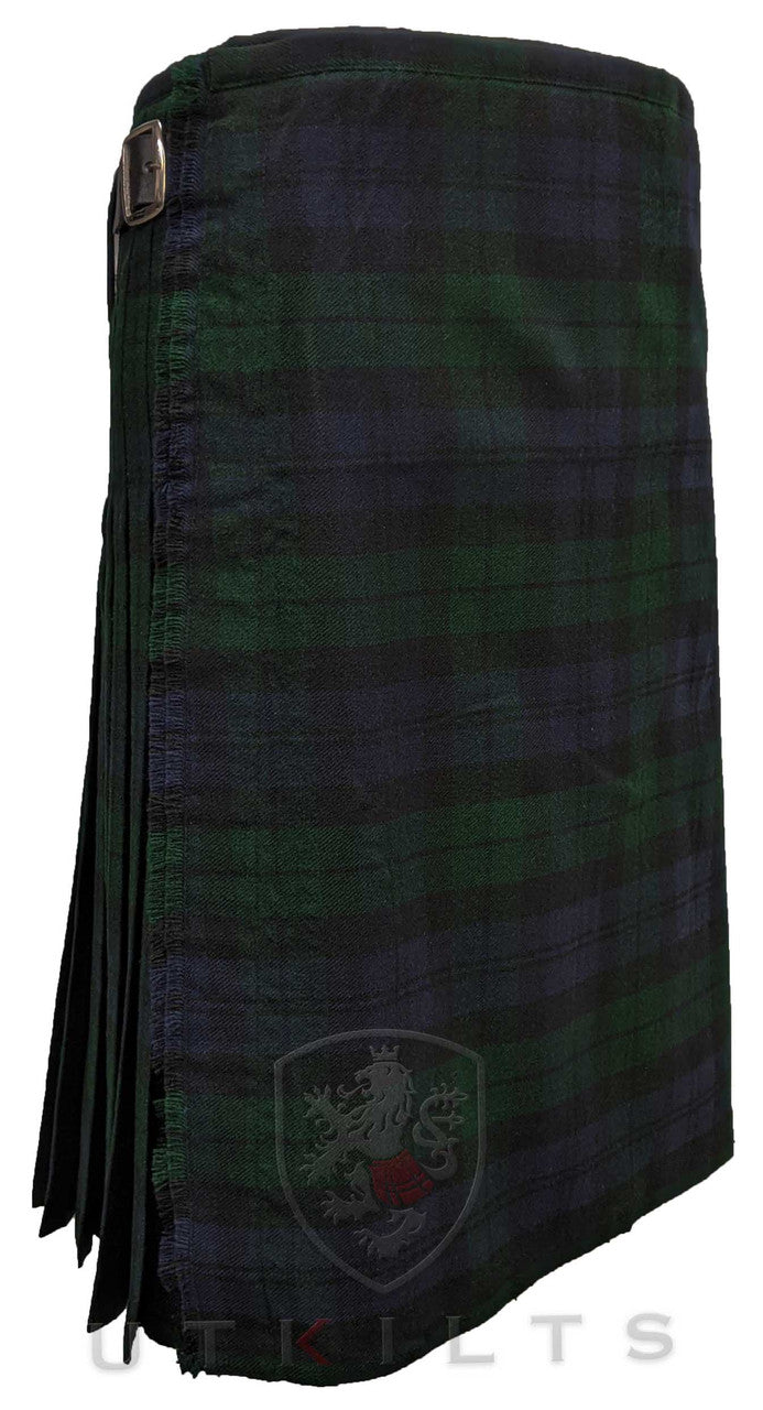 A premium Black Watch wool tartan kilt in green and black, featuring a stylish buckle for added elegance.