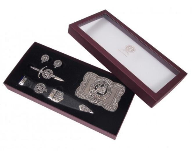 A premium gift box containing a silver watch, cuff links, and a pen, featuring Scottish clan crest options for over 200 clans.