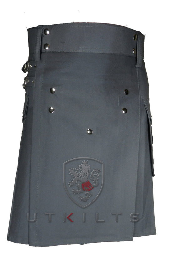 Front, studded apron, snap closure, and side buckles
Dark Gray Utility Kilt