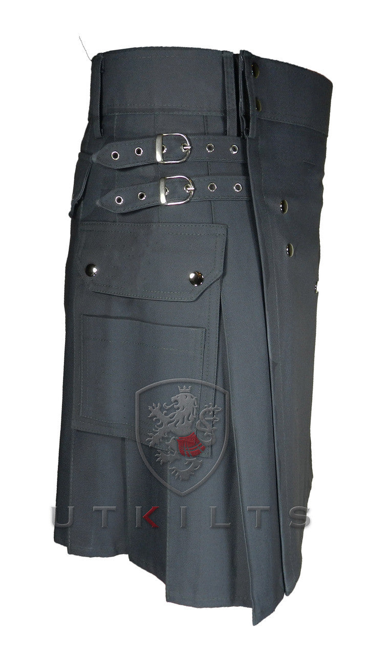 Side, large cargo pocket with dividers, and buckle straps
Dark Gray utility kilt