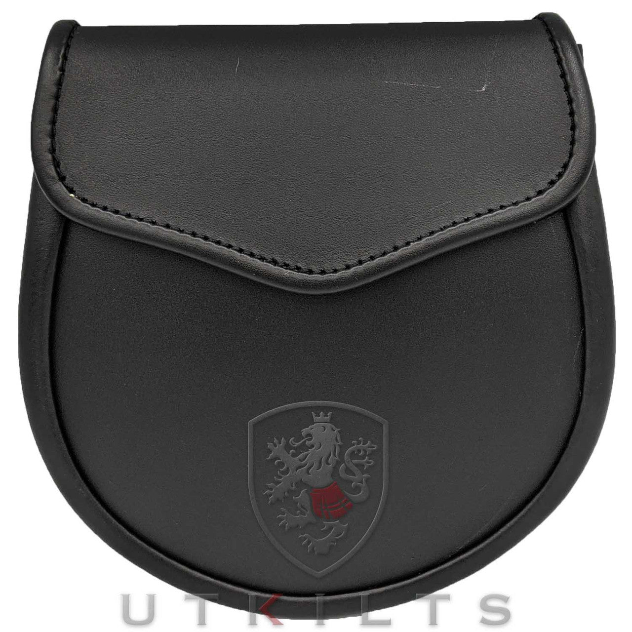 A black leather pouch featuring an intricate crest, showcasing elegance and craftsmanship in its design.