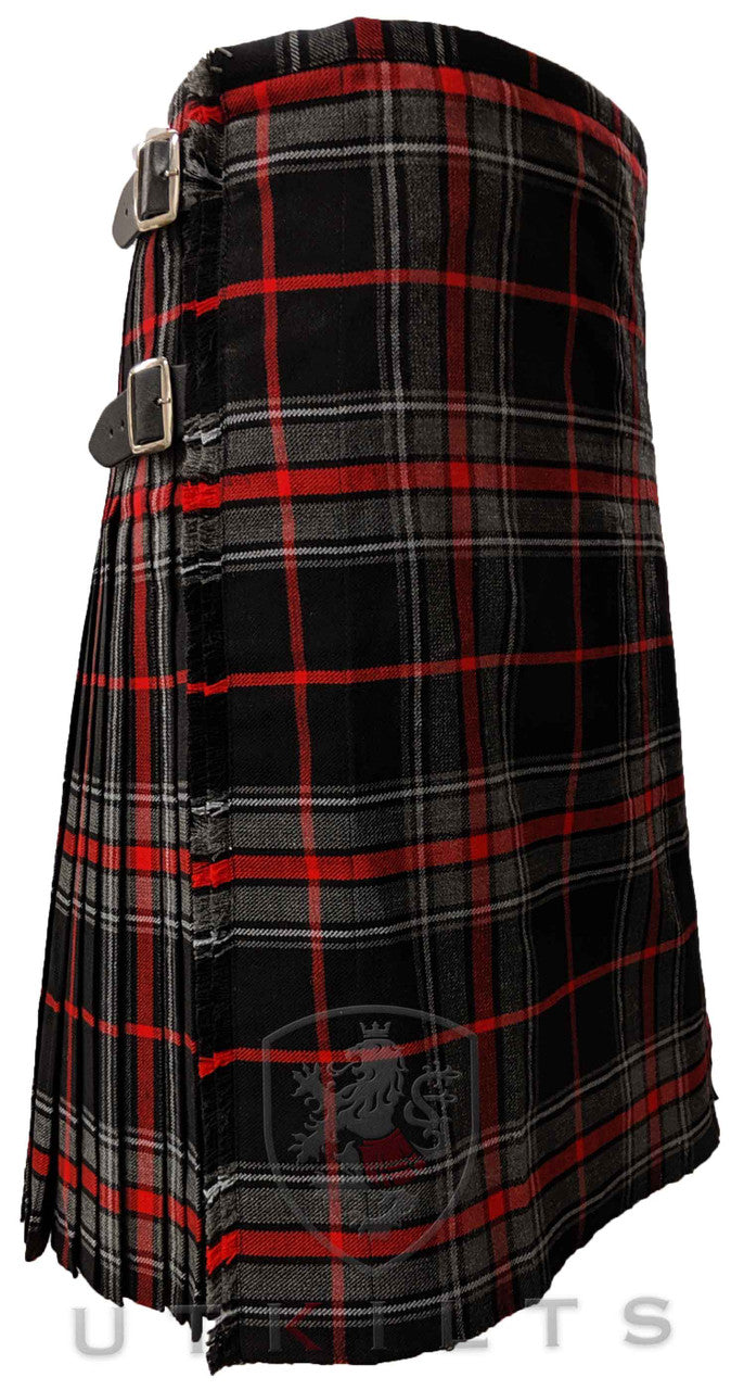 A premium black and red tartan kilt featuring a stylish buckle, embodying the Spirit of the Highlander in wool fabric.