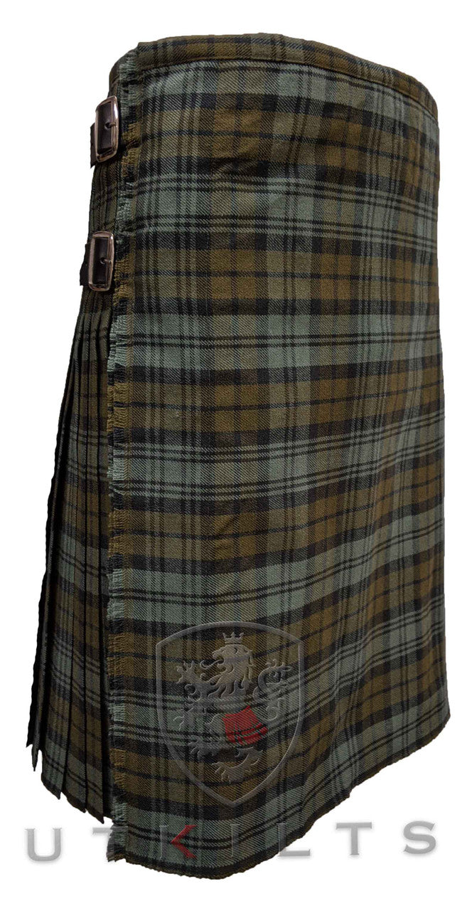 A premium black watch weathered kilt featuring a black and green plaid pattern, showcasing its front side design.