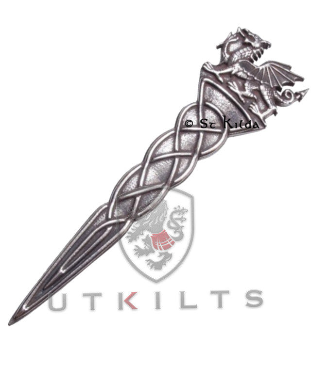 A premium kilt pin featuring a sword adorned with a detailed Welsh dragon design, symbolizing strength and heritage.
